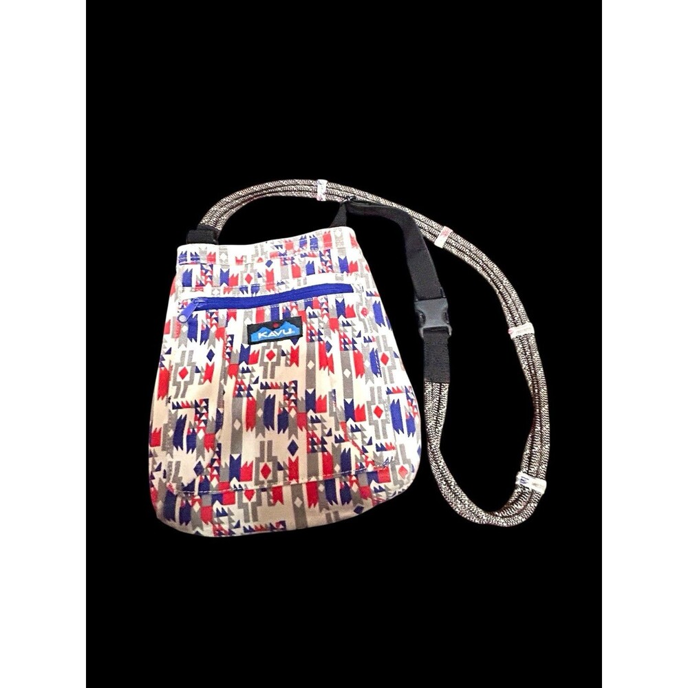 KAVU Keepalong Crossbody Bag Geometric Print Red Blue Gray Rope Strap